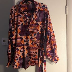 Hafeda Long Sleeve Wrap Blouse (Purple/Orange Geometric)